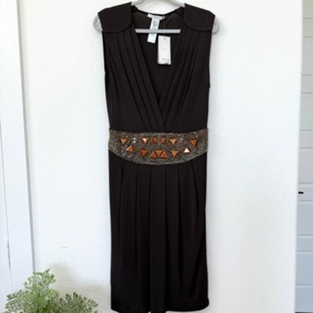 MNG Mango‎ ZSD Delphine Brown Beaded Waist V-Neck Cocktail Dress NWT L